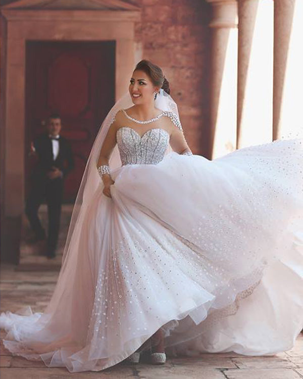 Off-the-shoulder Lace Glitter Tulle Bridal Ball Gown - VQ
